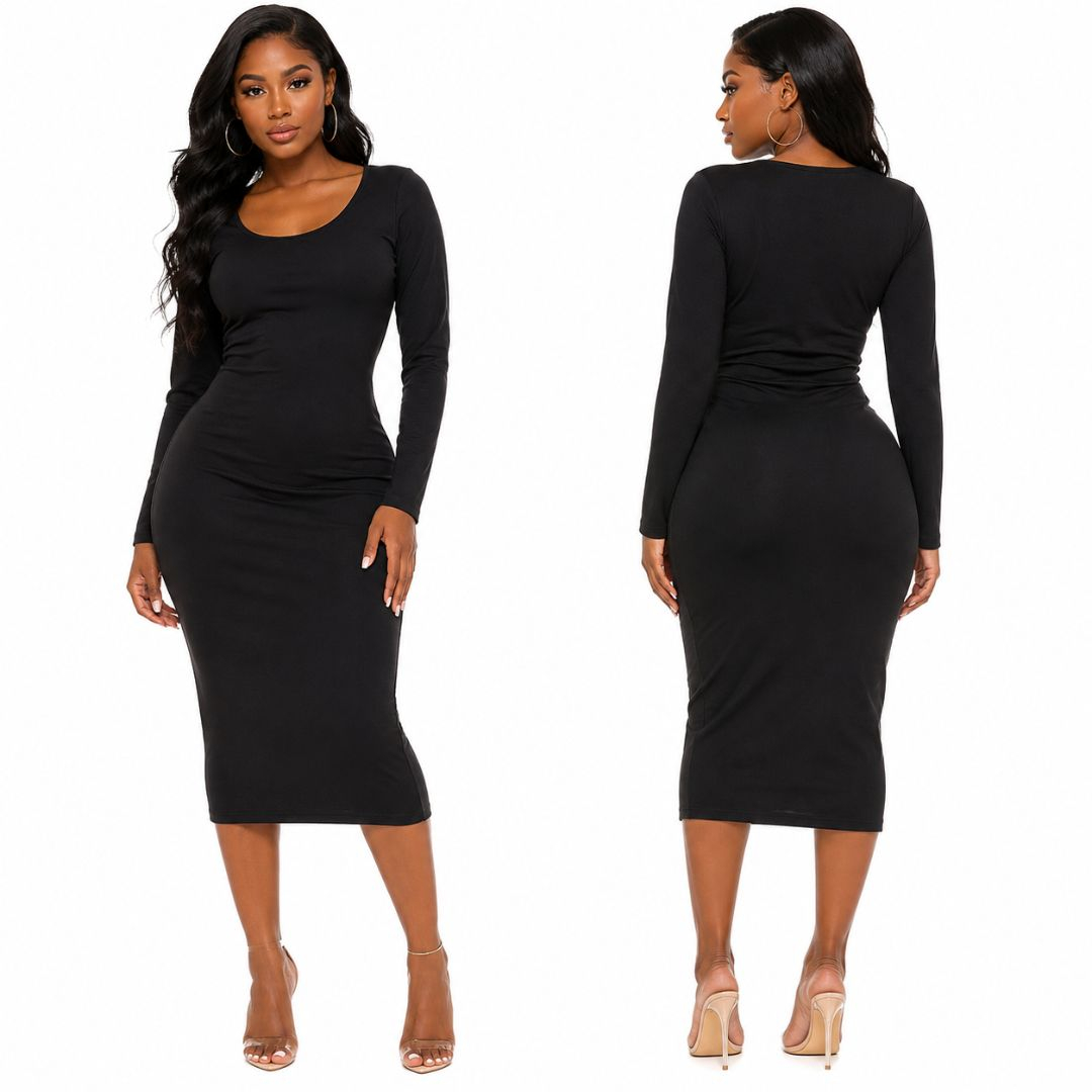 Black Long Sleeve Bodycon Midi Dress