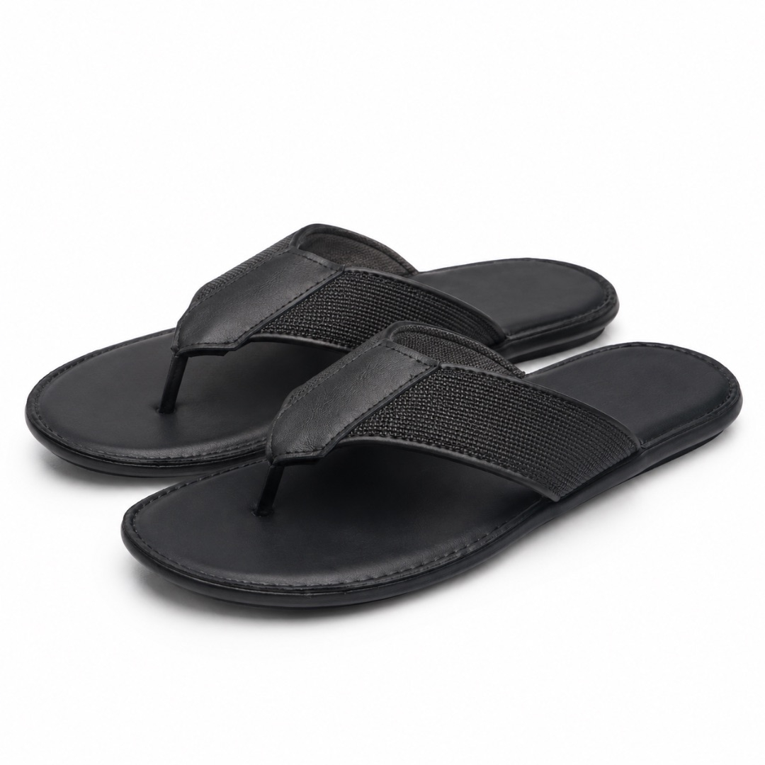 Mens  Black Minimalist Leather Flip Flop Sandals