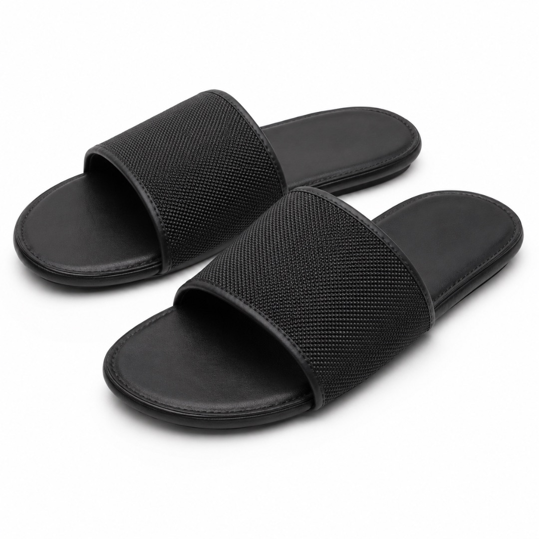 Mens  Black Textured Slip On Slide Sandals