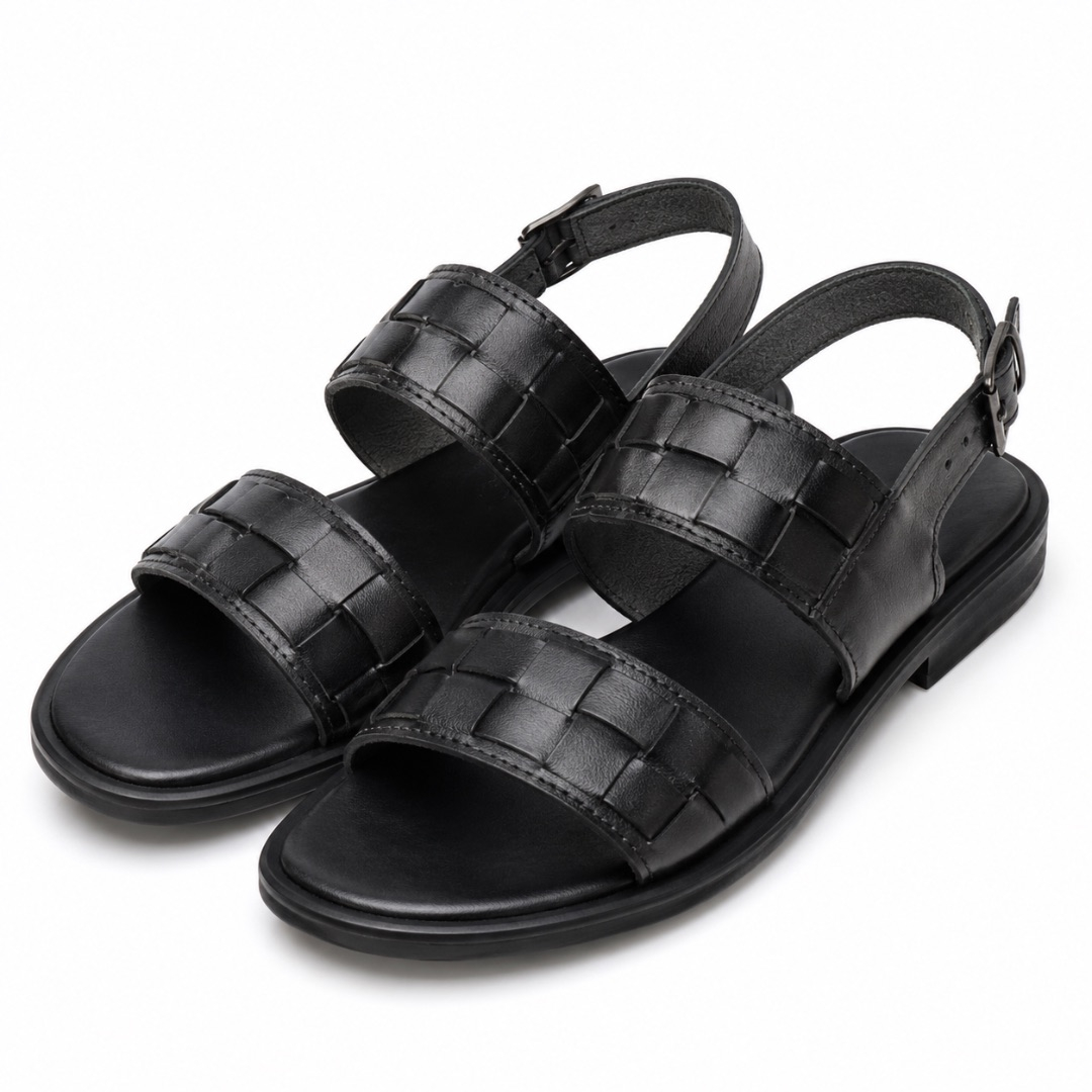 Mens  Black Woven Slingback Leather Sandals