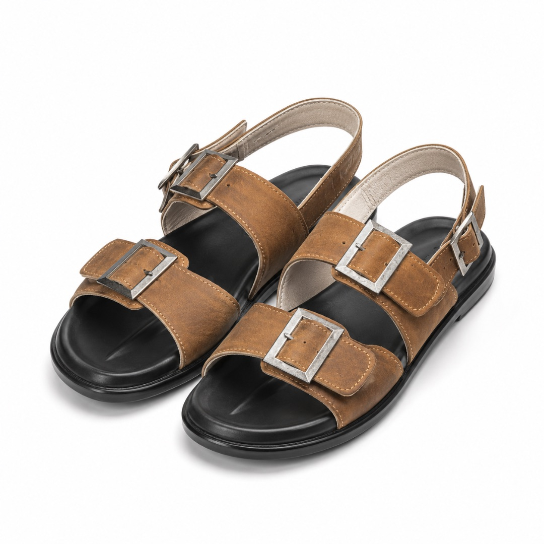 Mens Brown Double Buckle Slingback Sandals