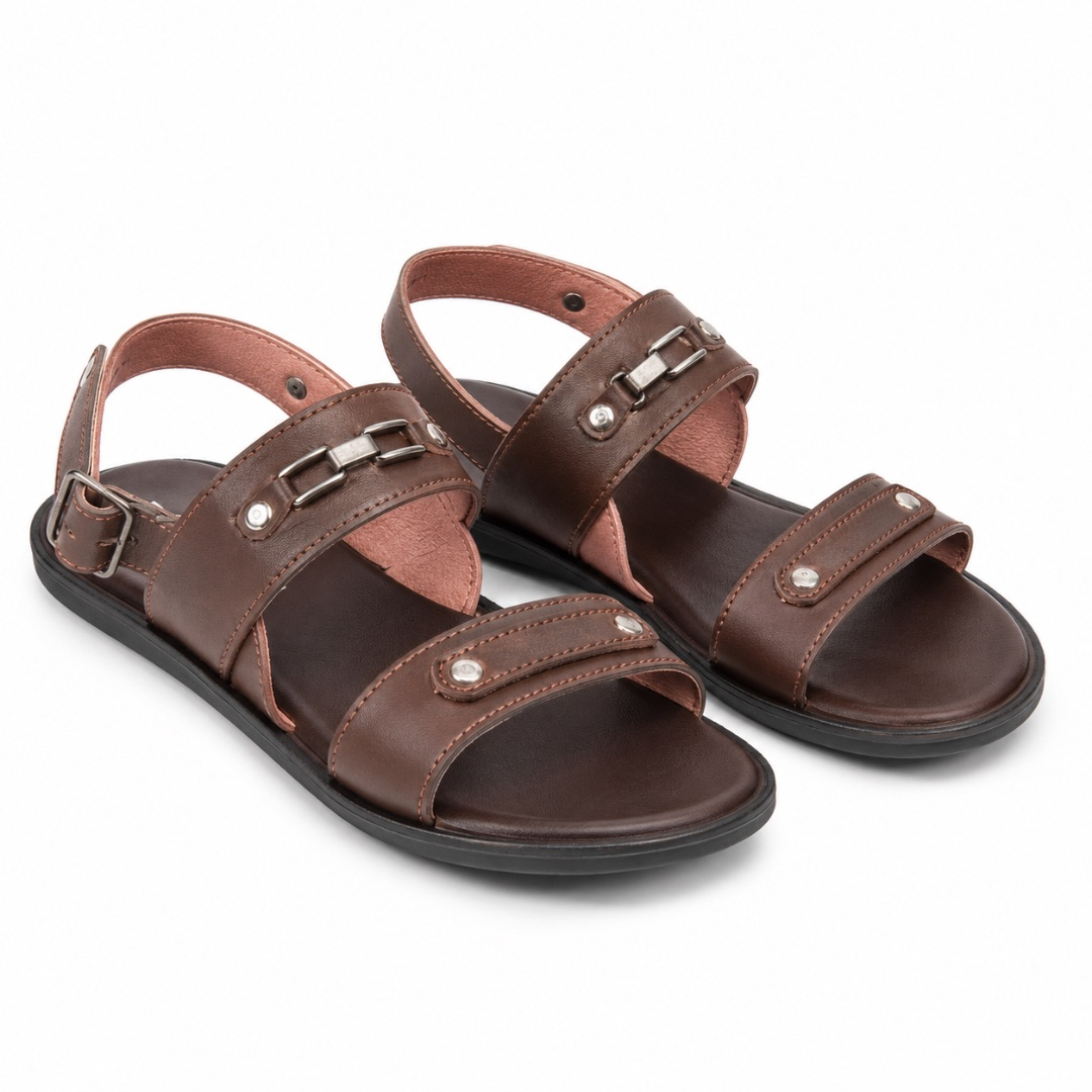 Mens Brown Dual Strap Slingback Sandals with Metal Accent