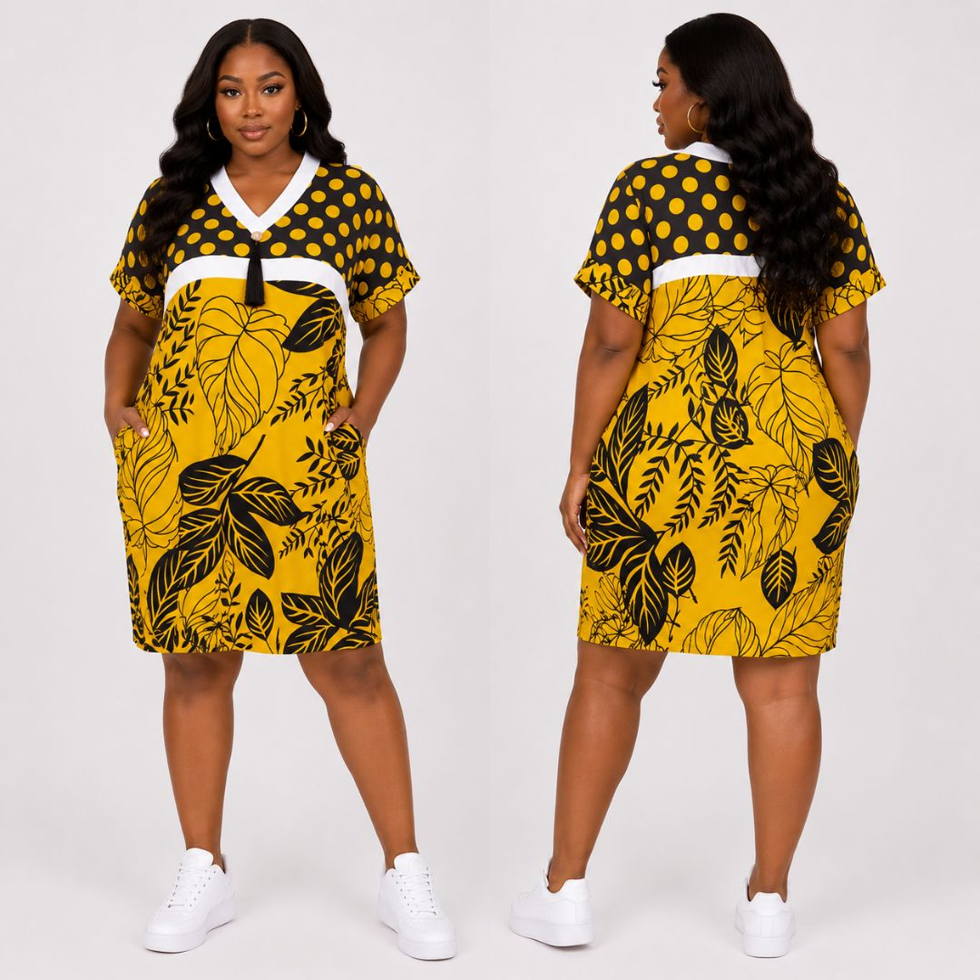 Bold Yellow and Black Leaf Print Midi Dress  with Polka Dot Detail
