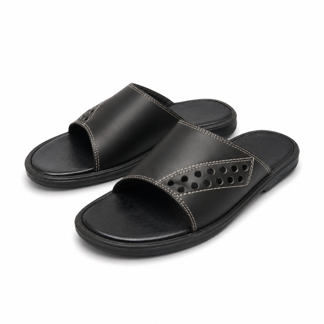Mens  Black Perforated Comfort Slide Sandals
