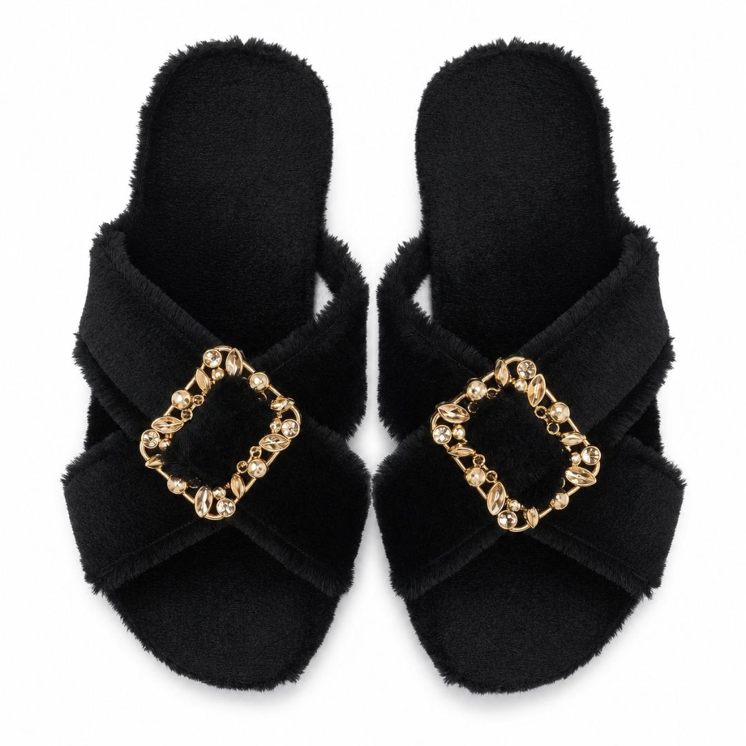 Womens Black Plush Cross Strap Slide Slippers