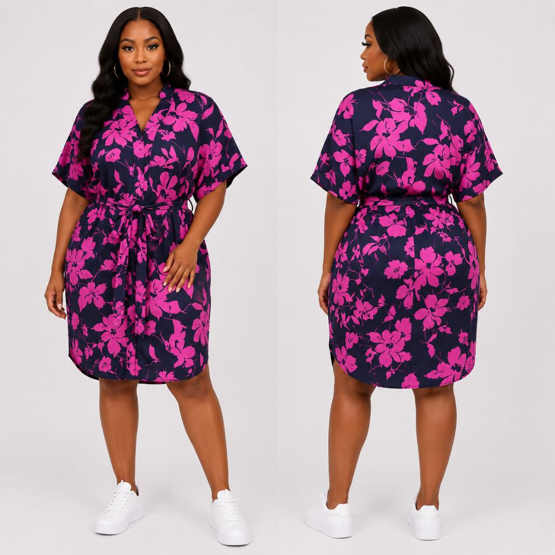 Black and Pink Floral Wrap Midi Dress  with Waist Tie