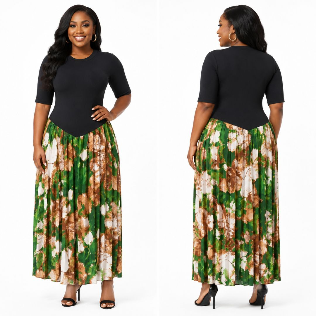 Black and Green Floral Print Maxi Dress  with Flowy Skirt