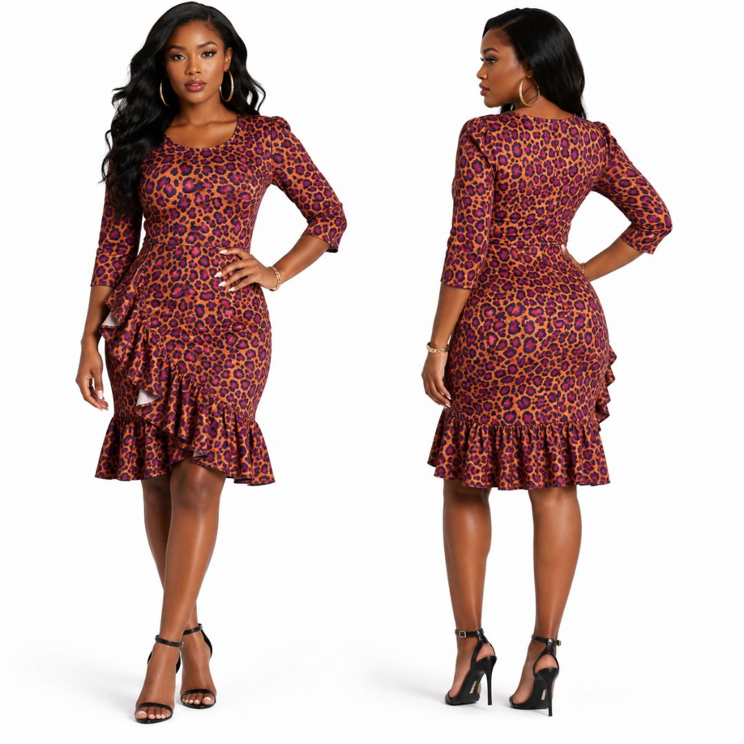 Womens Leopard Print Ruffle Bodycon Dress