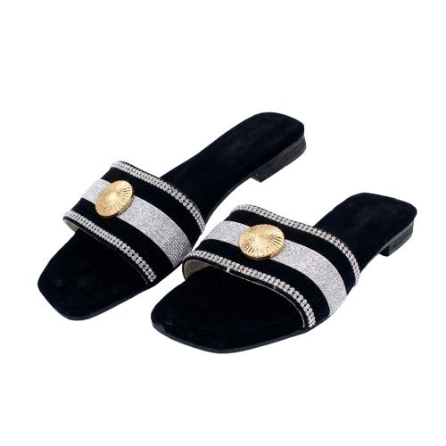 Womens Black Glitter and Gold Greek Key Slide Sandals