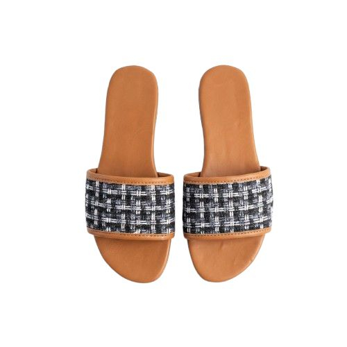 Womens Woven Strap Flat Slide Sandals with Tan Sole