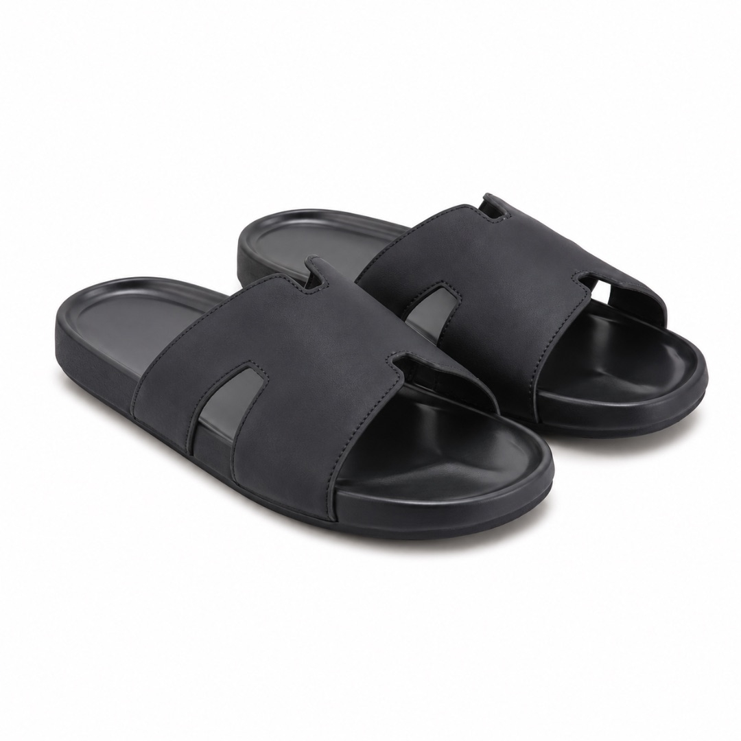 Mens  Black Luxury Cutout Slide Sandals