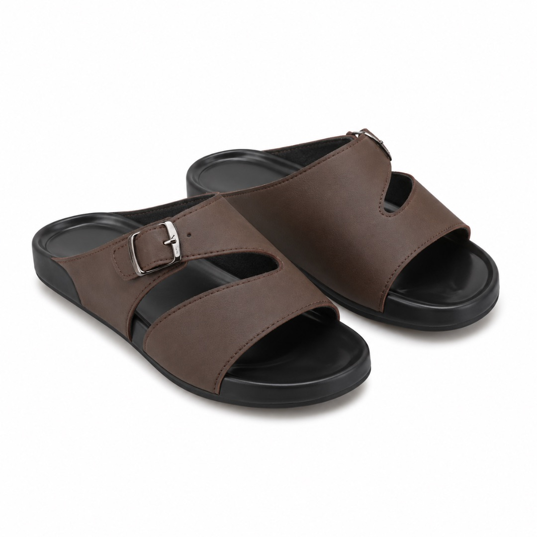 Mens  Brown Cutout Buckle Slide Sandals