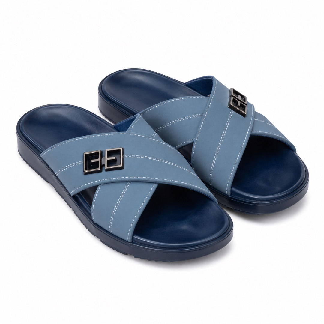 Mens  Sky Blue Cross Strap Comfort Slide Sandals