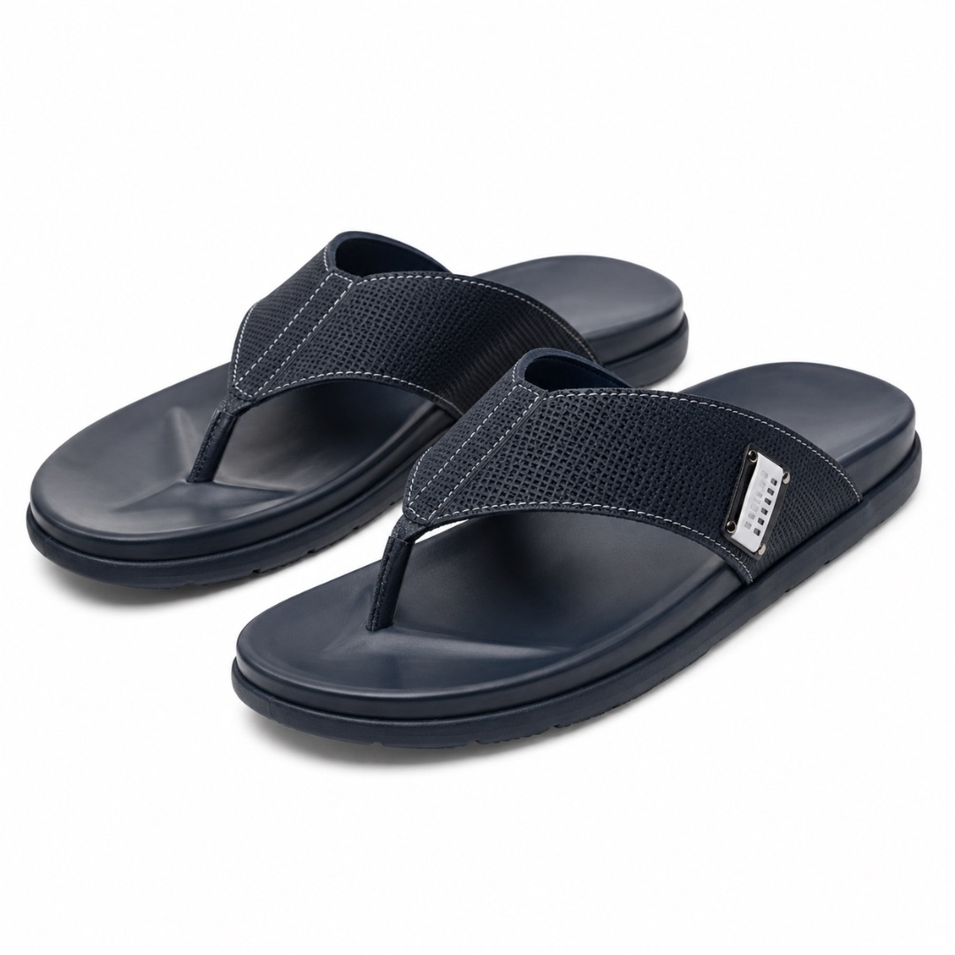 Mens  Navy Blue Textured Toe Post Sandals