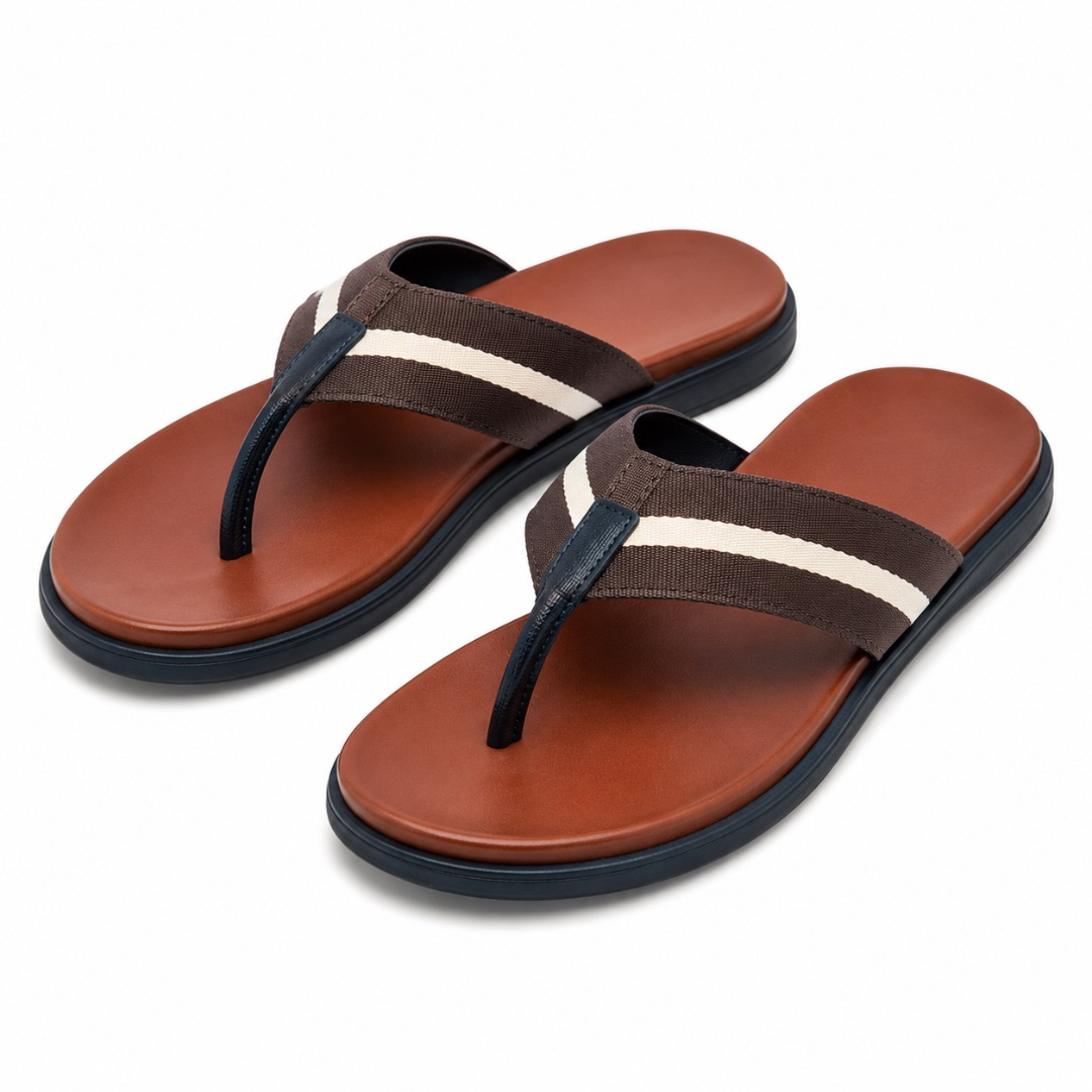 Mens  Brown Stripe Toe Post Sandals