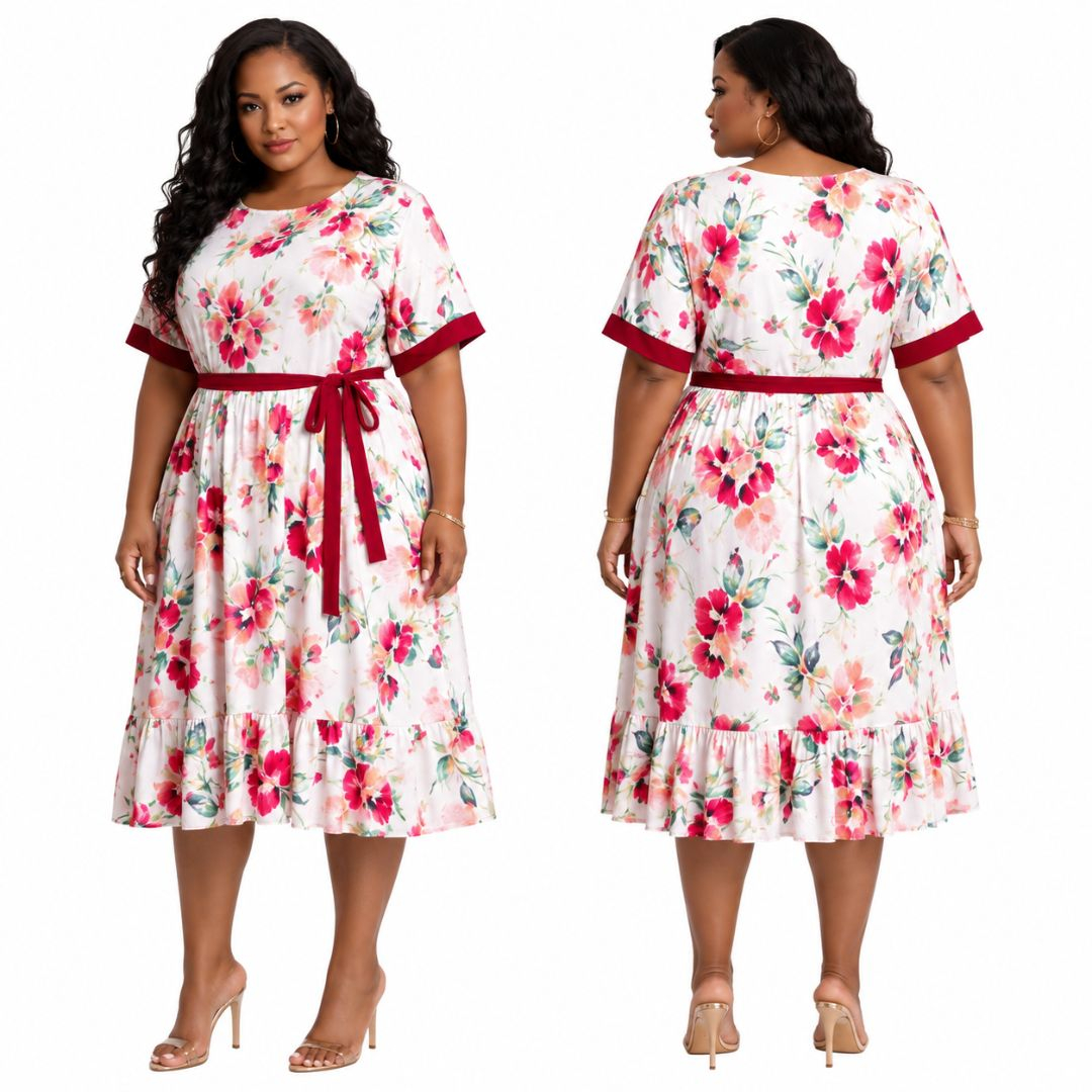 Womens Floral Print Midi Dress with Waist Tie