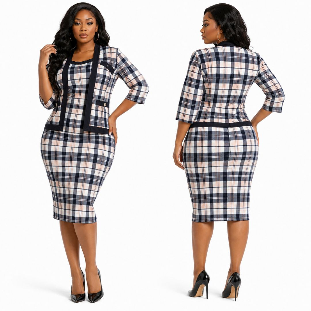 Womens Plaid Bodycon Dress with Matching Jacket