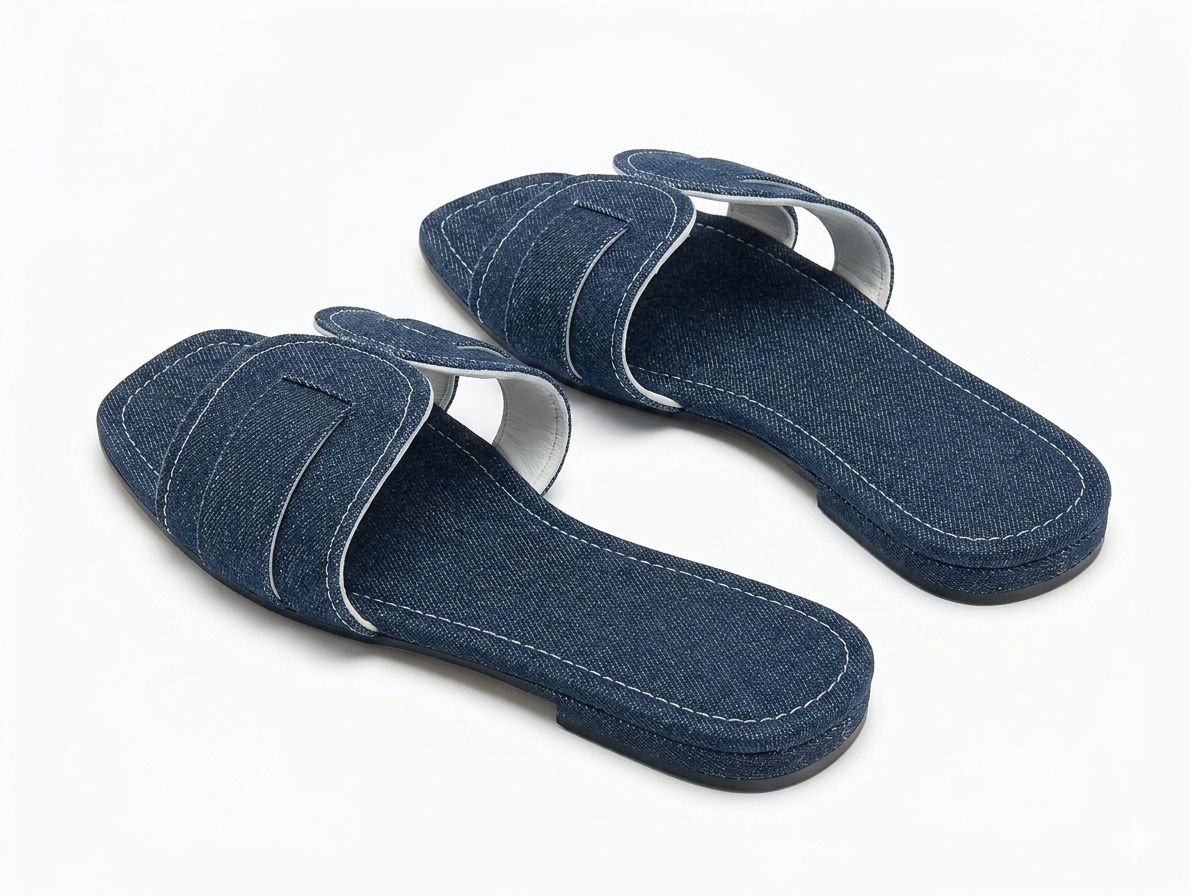 Womens Dark Denim Flat Slide Sandals