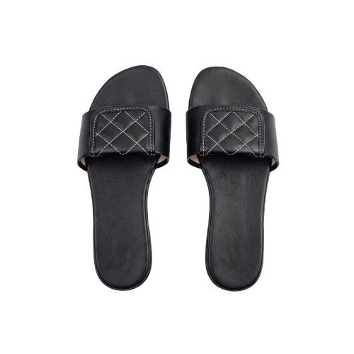 Womens Black Flat Slippers with Gold Crown Detail