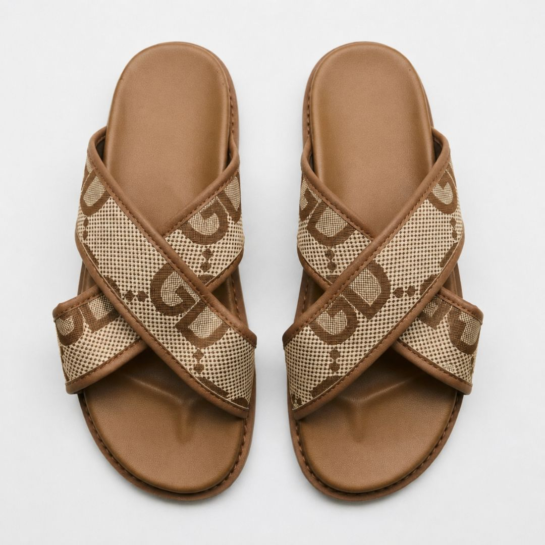 Quality Men Brown Dual Strap Monogram Slide Sandals