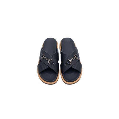 Mens Black Strap Sandals with Metal Buckle