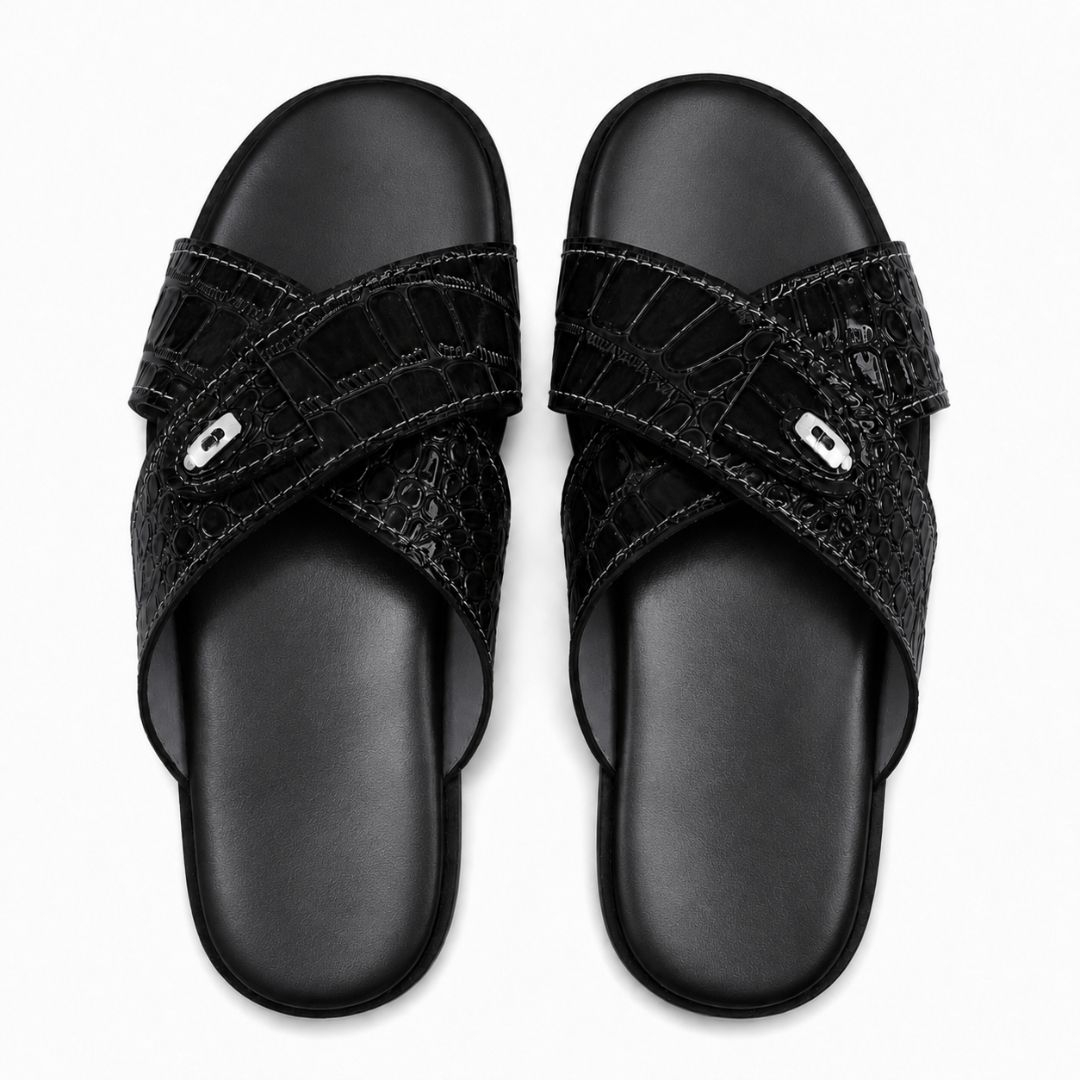 Black Glossy Croc Embossed Cross Strap Slides