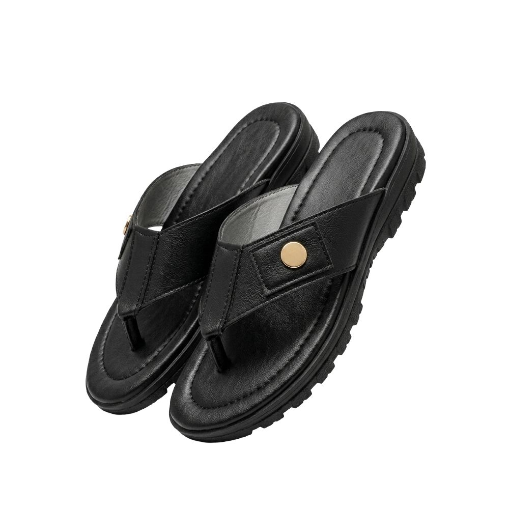 Mens Casual Black Thong Sandals with Woven Accent