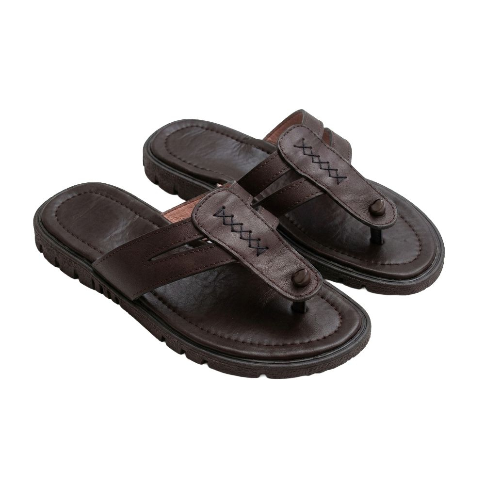 Mens Dark Brown Leather Look Thong Sandals with Stitching Detail