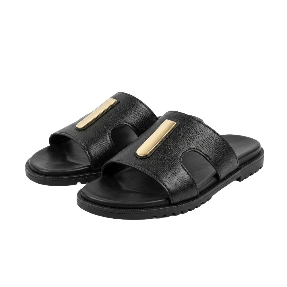 Mens Textured Black Leather Slide Sandals