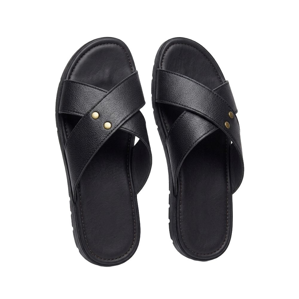 Quality Mens Black Leather Cross Strap Slide Sandals