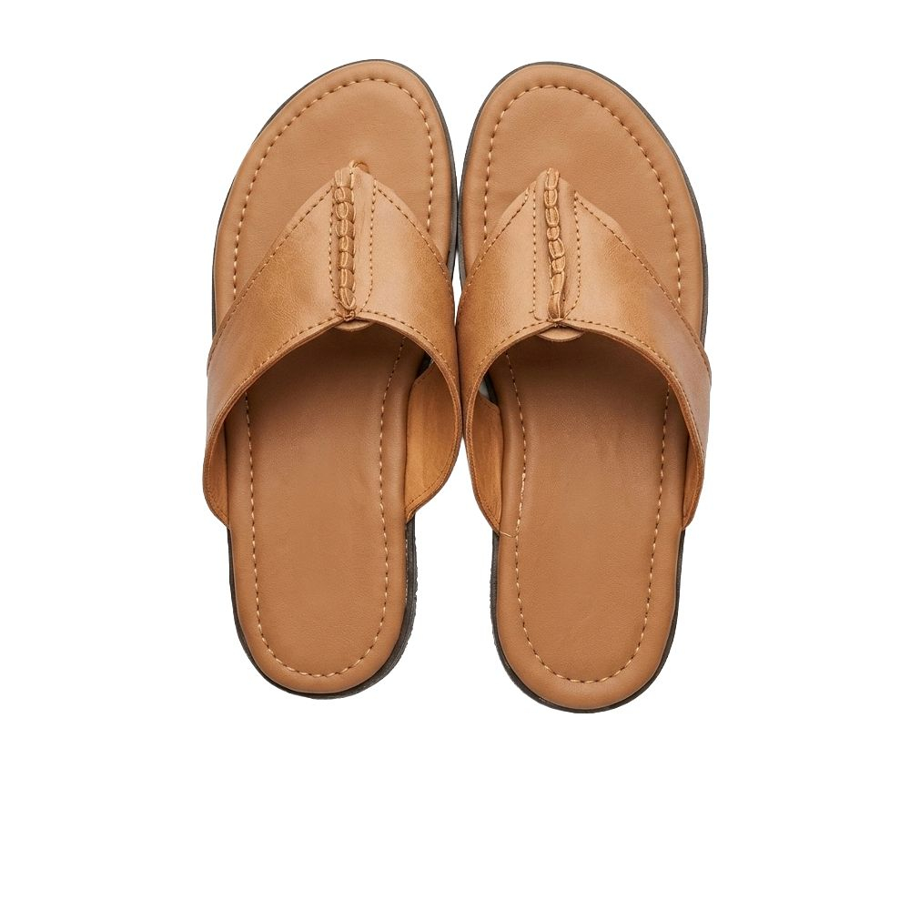 Mens Cognac Leather Thong Sandals with Detailed Stitching