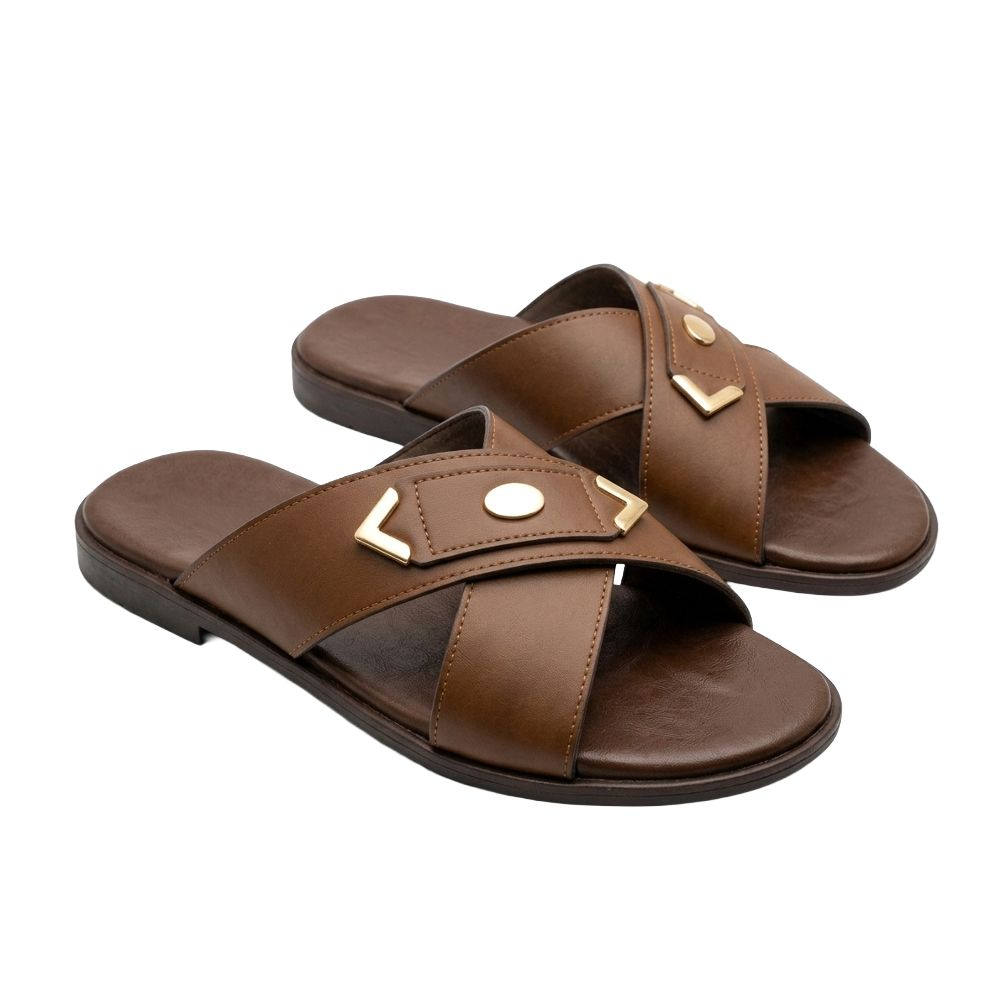 Mens Brown Faux Leather Cross Strap Slide Sandals