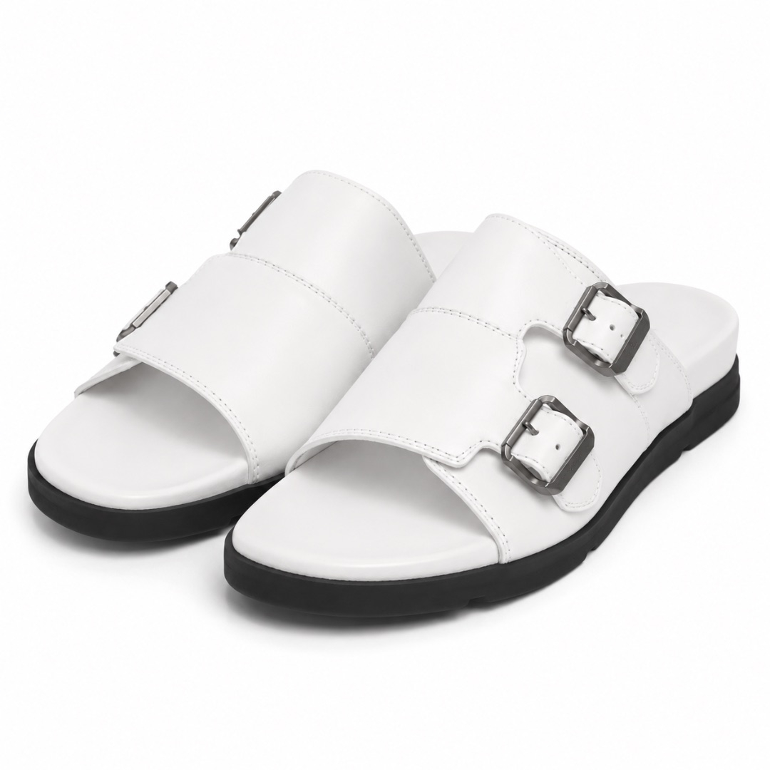 Luxury White Double Buckle Slide Sandals