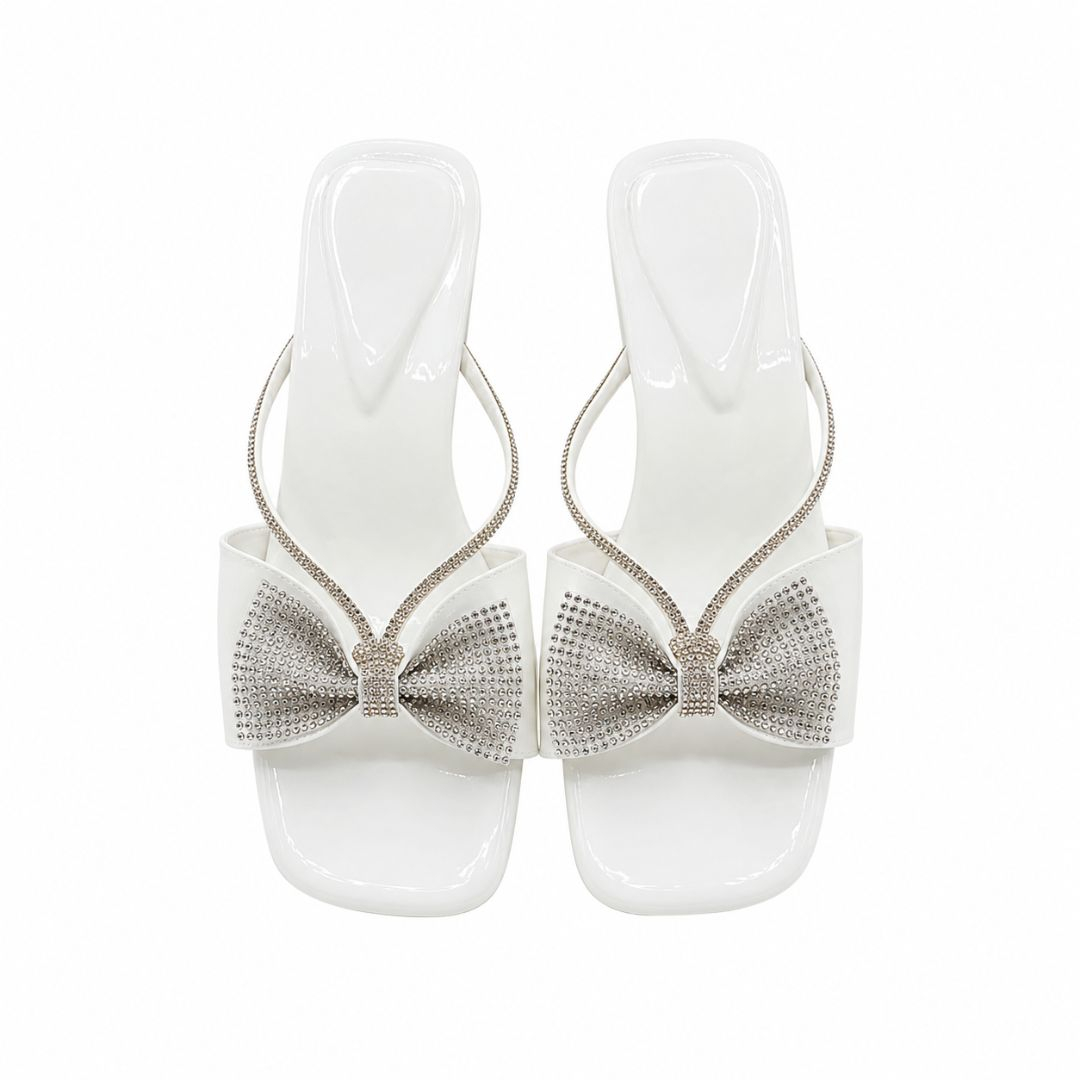 Womens Rhinestone Bow Flat Slide Sandals