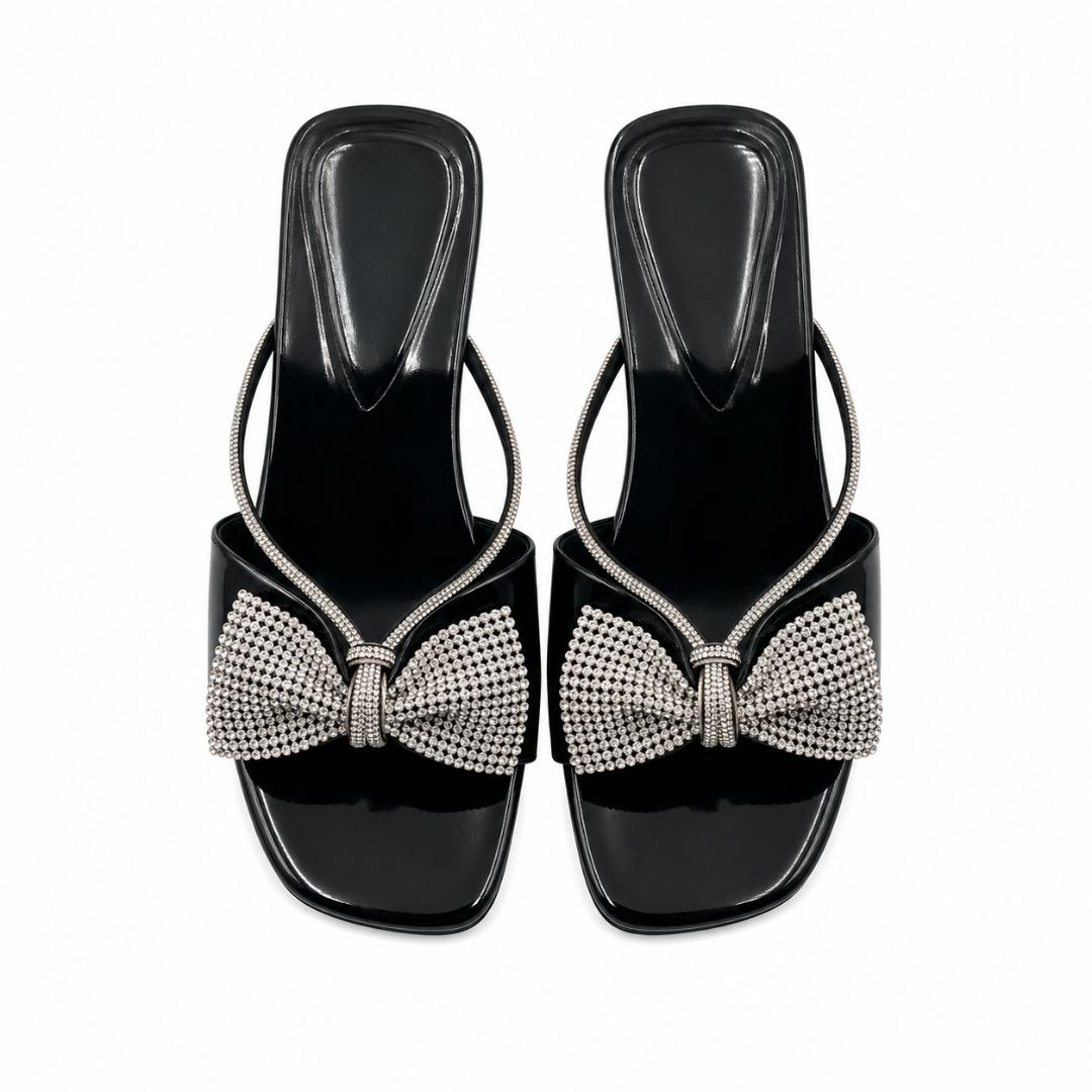 Womens Black Rhinestone Bow Flat Slide Sandals