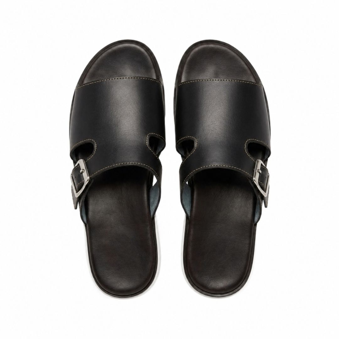 Men Black Faux Leather Buckle Slides with Traction Sole