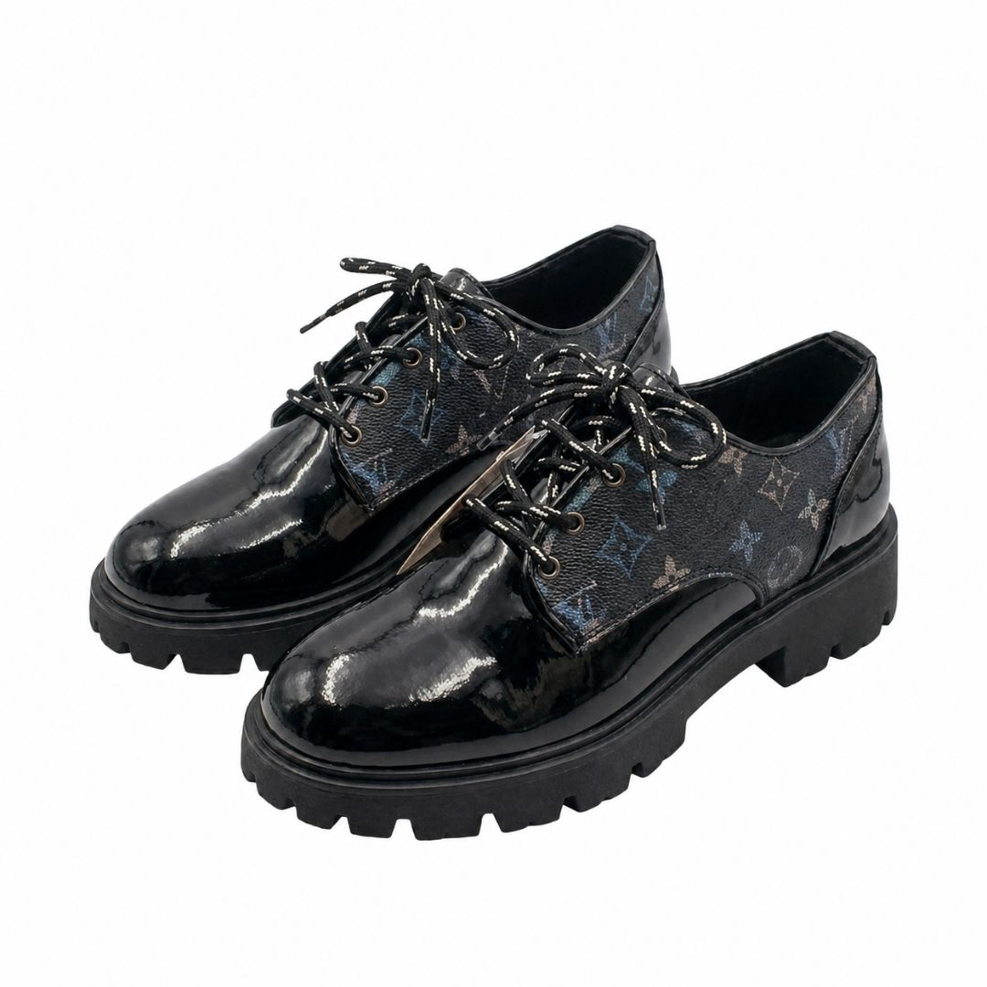 Black Glossy Patterned Lace Up Derby Shoes