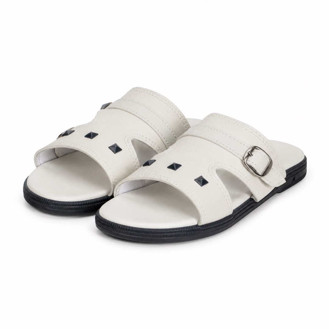 Luxury White Studded Buckle Slide Sandals