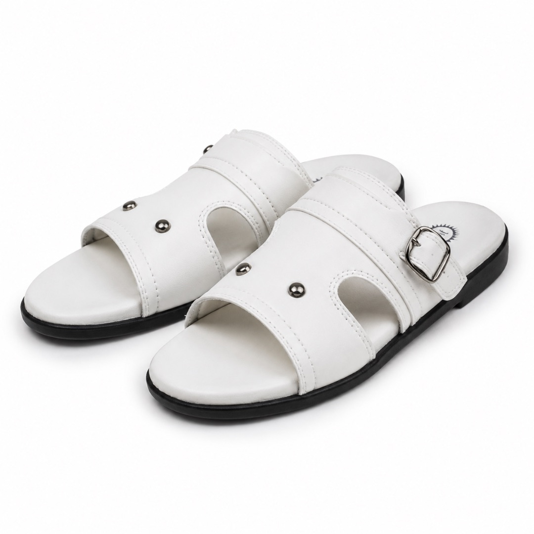 Luxury White Metallic Stud Buckle Slide Sandals