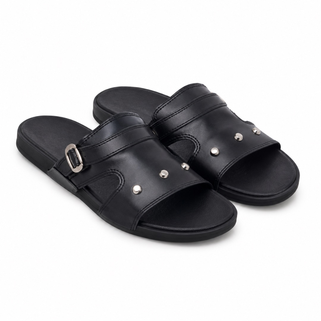 Luxury Black Metallic Stud Buckle Slide Sandals