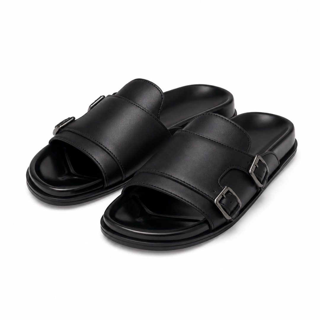 Luxury Black Buckle Strap Slide Sandals