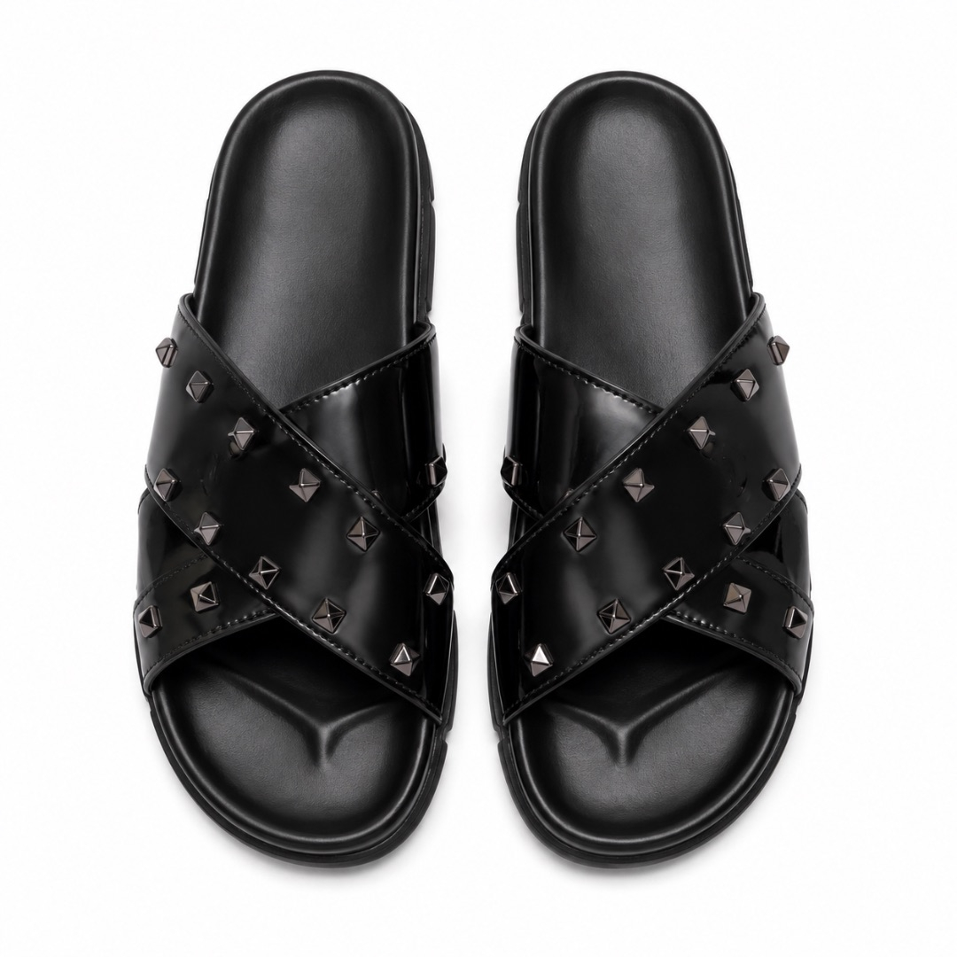 Luxury  Black Studded Cross Strap Slide Sandals
