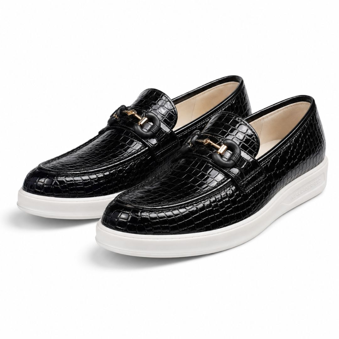 Mens Premium Black Crocodile Texture Platform Loafers