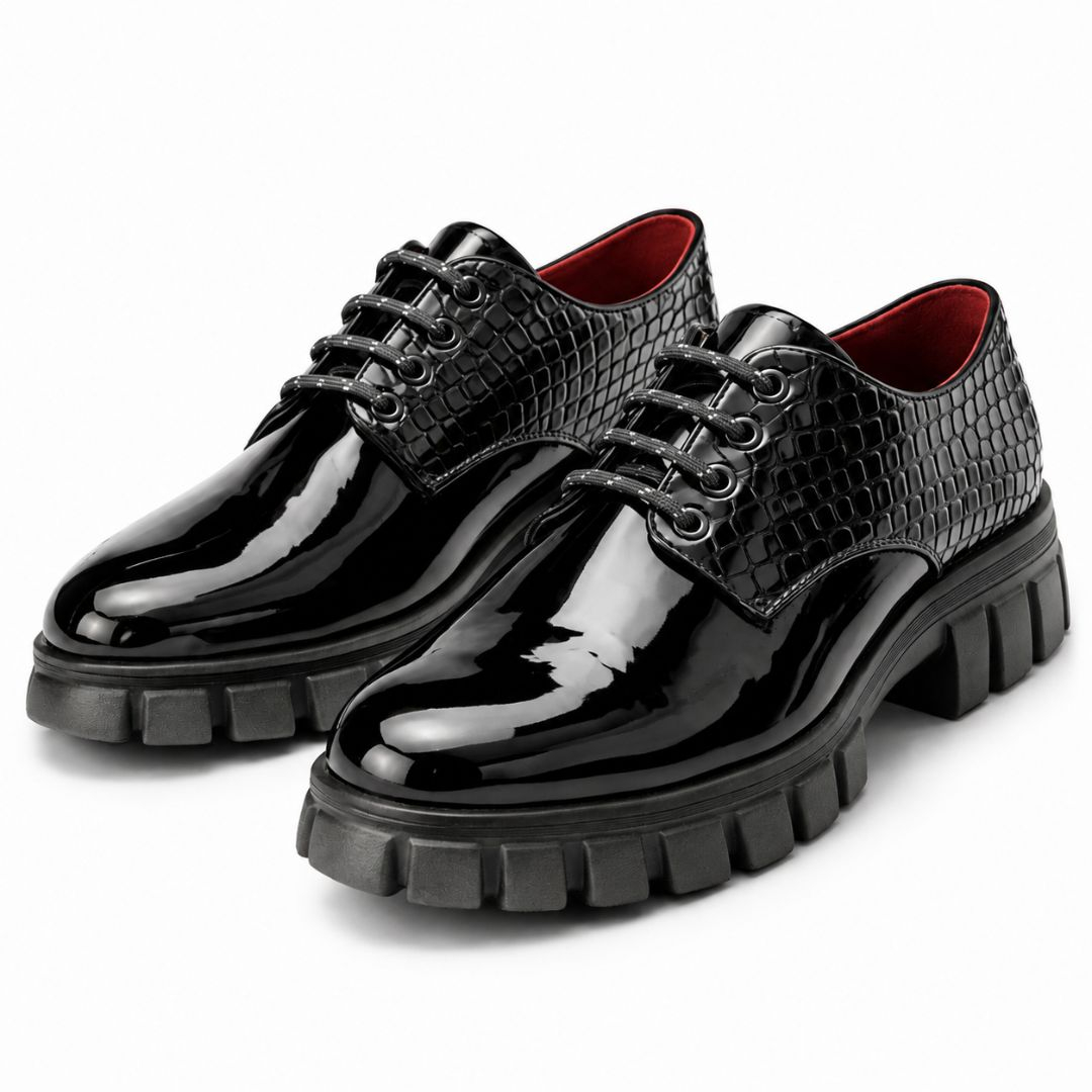Mens Croc Embossed Patent Leather Lace Up Shoes with Metal Badge