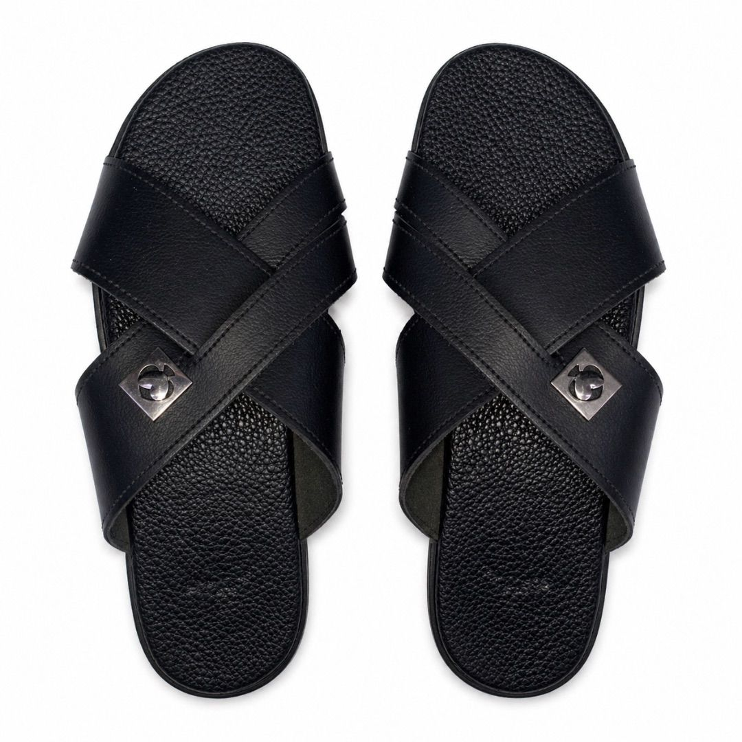 Mens Black Cross Strap Leather Slide Sandals with Minimal Buckle Accent