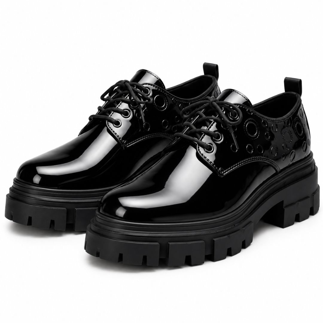 Mens Black Patent Leather Studded  Chunky Lace Up Shoes