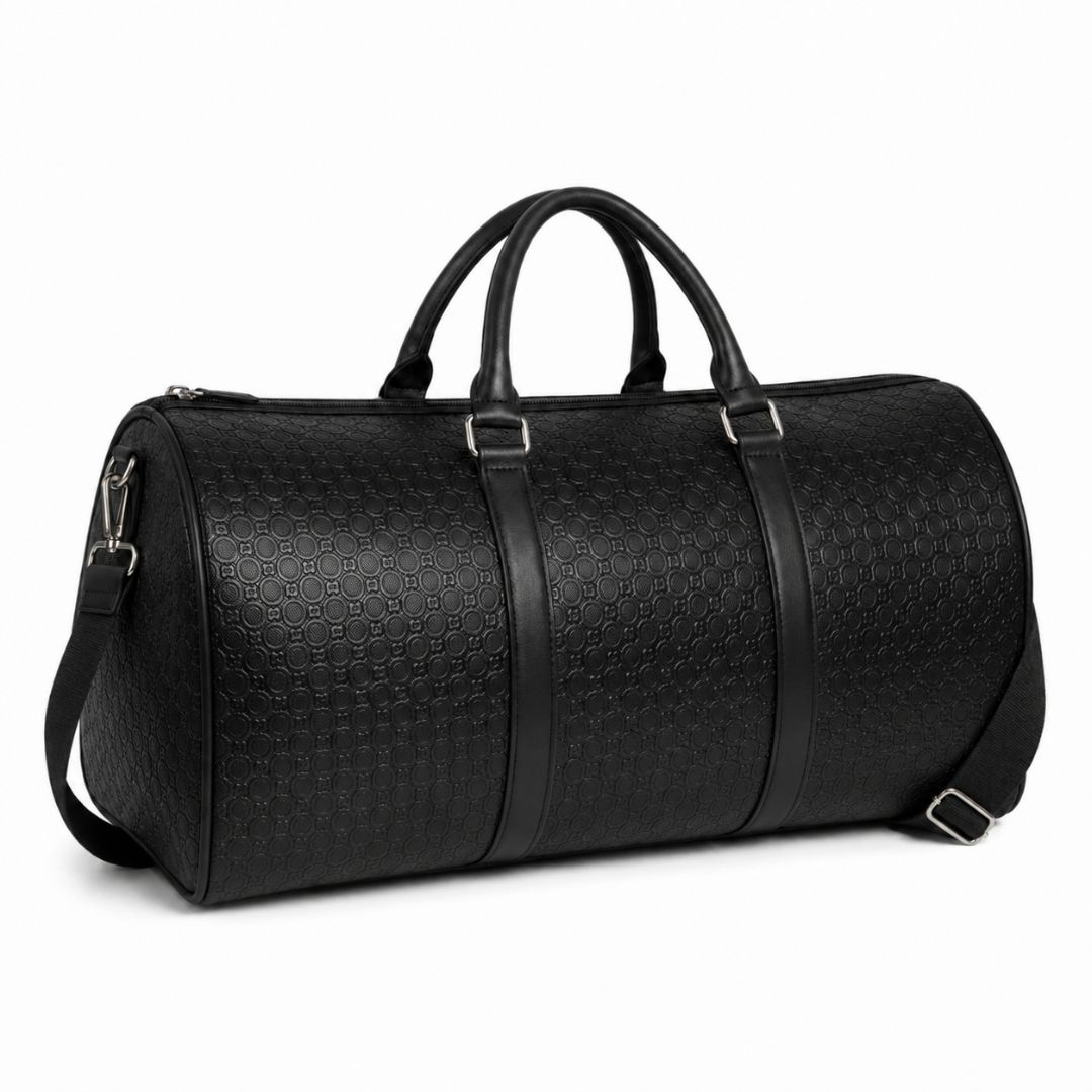Black Patterned Duffel Bag with Shoulder Strap