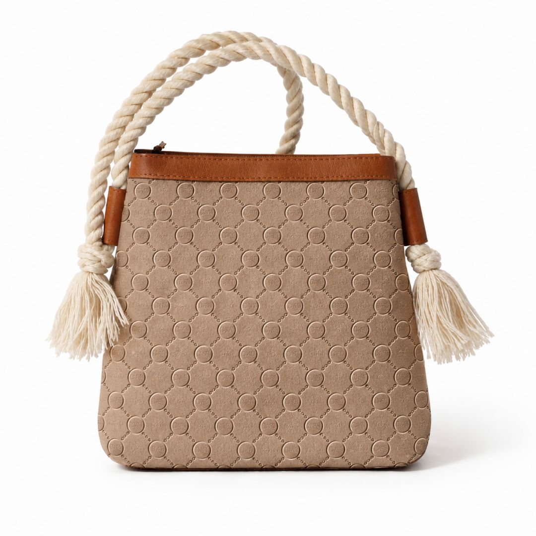 Beige and Brown Monogram Rope Handle Tote Bag