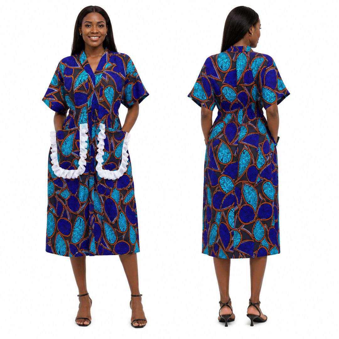 Blue Geometric Print Kimono with White Ruffle Pockets