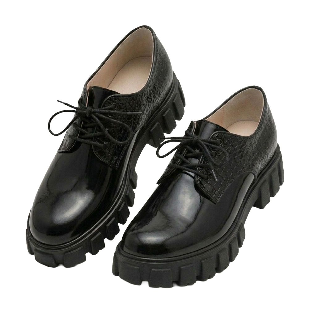 Black Croc Embossed Patent Derby Shoes with Chunky Sole